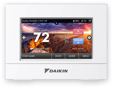 <b>Daikin</b>-McQuay 7-day, 5-1-1 or 5-2 programmable, 2-stage heat/2-stage cool or heat pump hardwired <b>thermostat</b> featuring soft buttons, auto-changeover, backlit, min/max temperature limiting, remote sensing, keypad lockout, and SimpleSet target programming. . Daikin thermostat